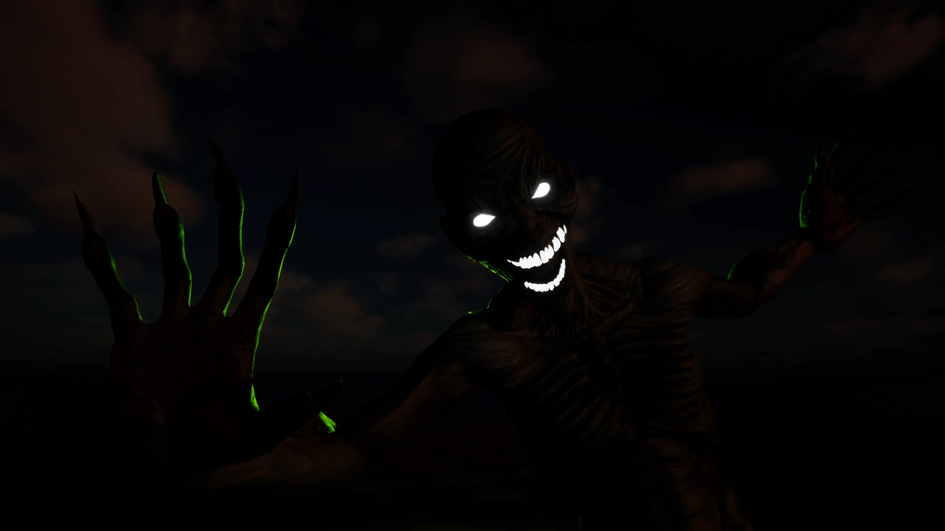 Creature with glowing eyes and sharp teeth lurking in darkness