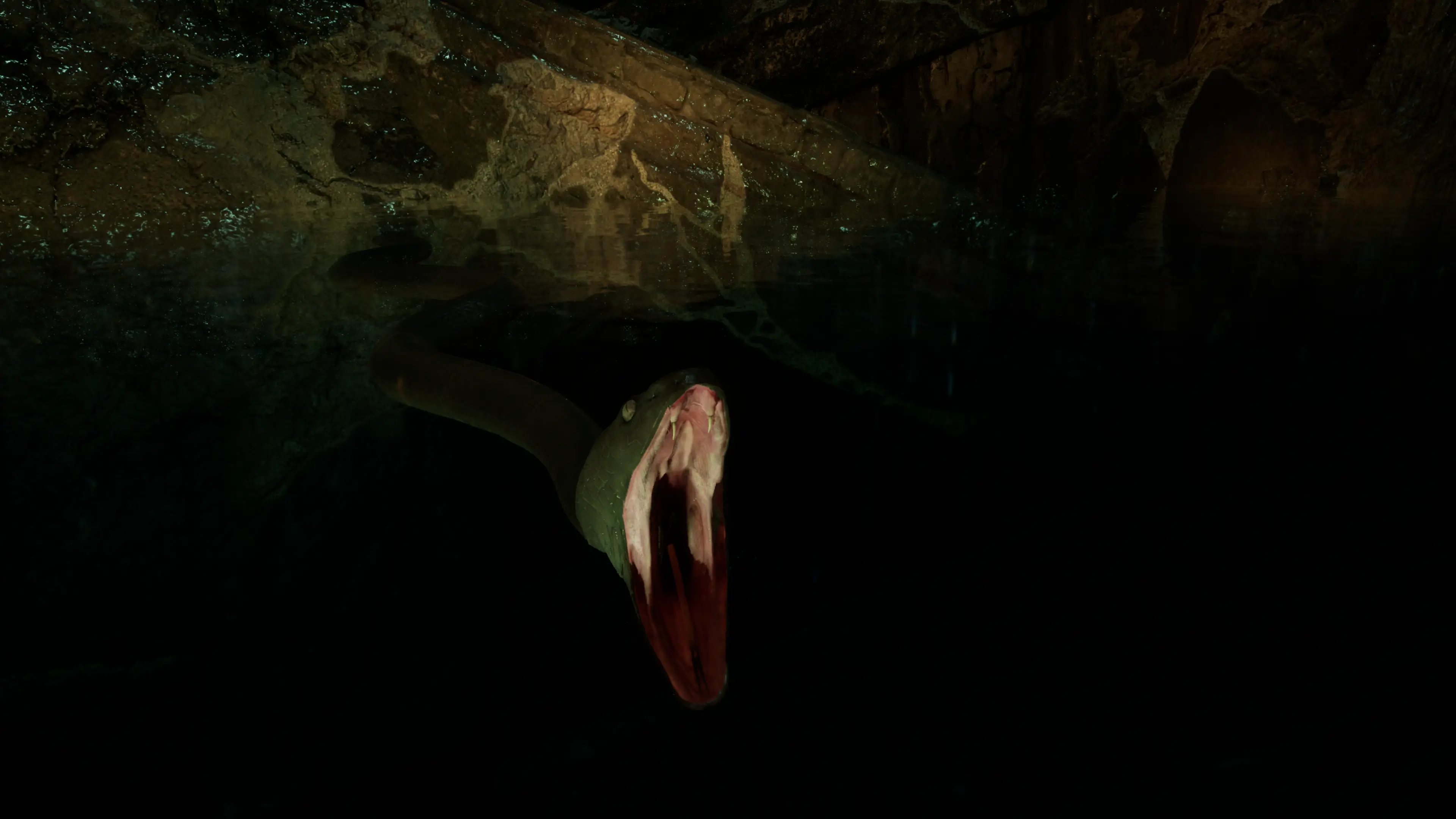 Snake-like creature emerging from a dark cave